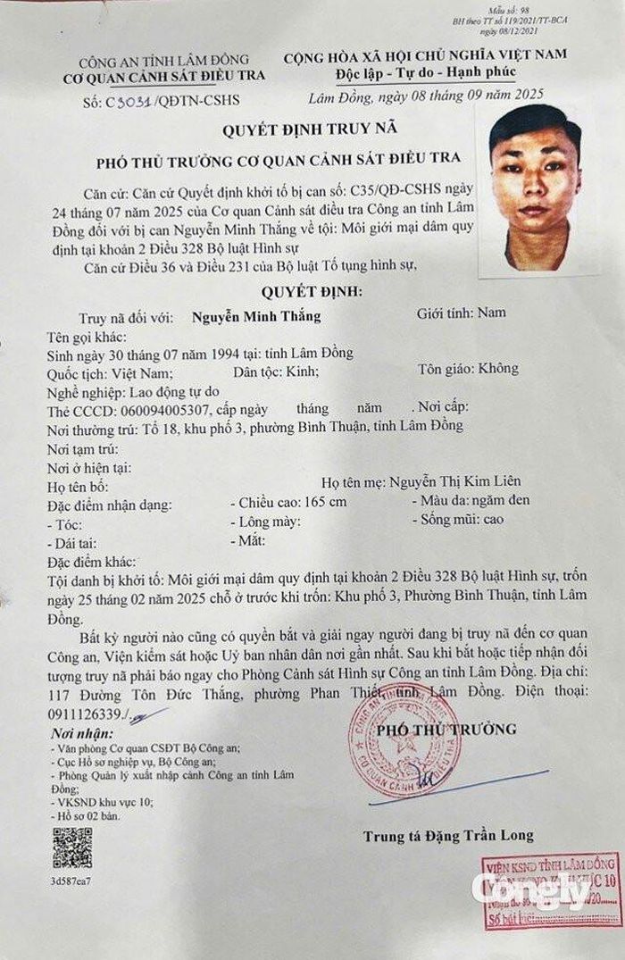Quyết định truy nã đối với Nguyễn Minh Thắng.