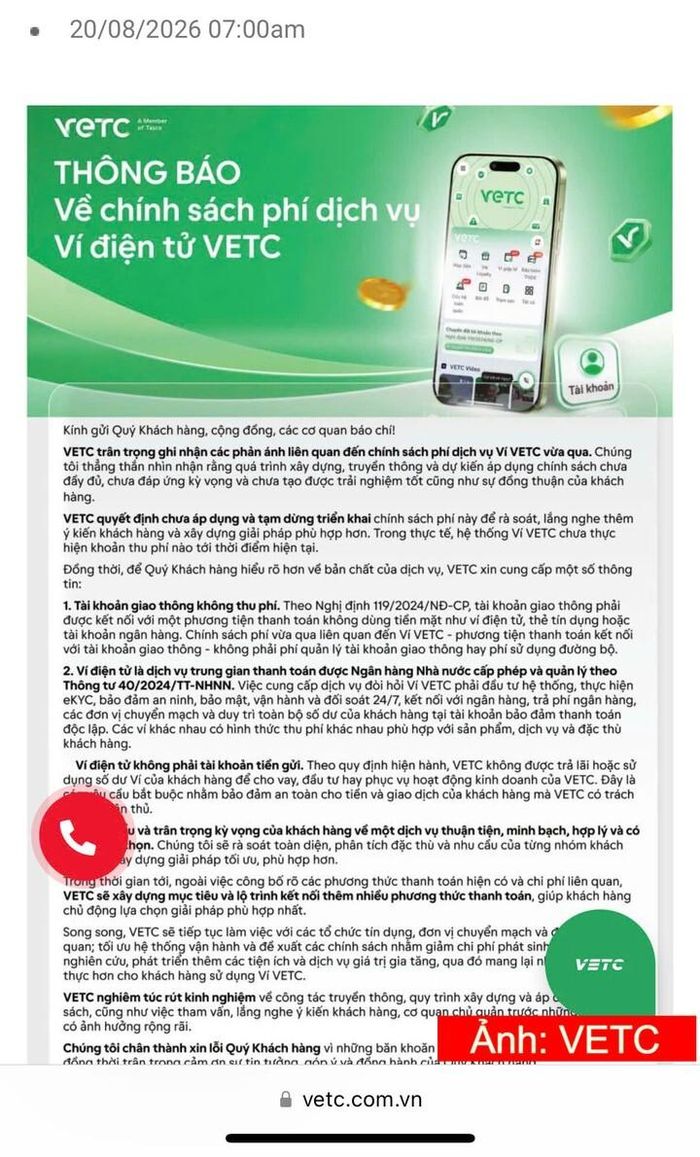 VETC thông báo tạm dừng triển khai chính sách phí dịch vụ ví điện tử VETC. Ảnh: VETC