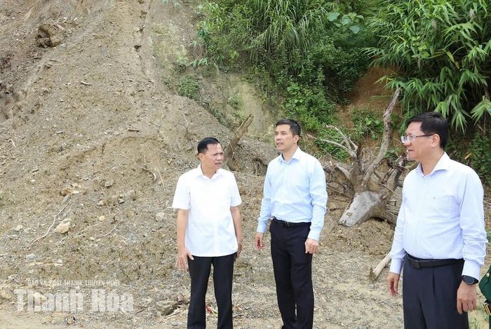 Phó Bí thư Thường trực Tỉnh ủy Nguyễn Hồng Phong kiểm tra khu vực có nguy cơ sạt lở tại đồi vực Chếnh, xã Linh Sơn.