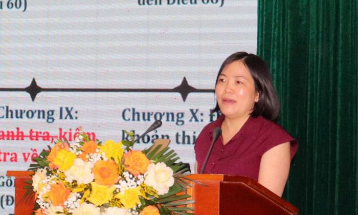 Báo cáo viên Cục Quản lý tài nguyên nước giới thiệu về Luật Tài nguyên nước 2023 và các nghị định, thông tư hướng dẫn thi hành.