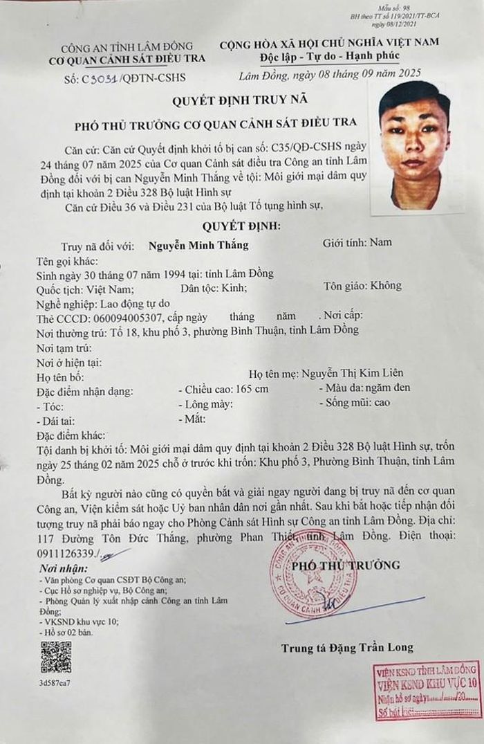 Quyết định truy nã đối với Nguyễn Minh Thắng