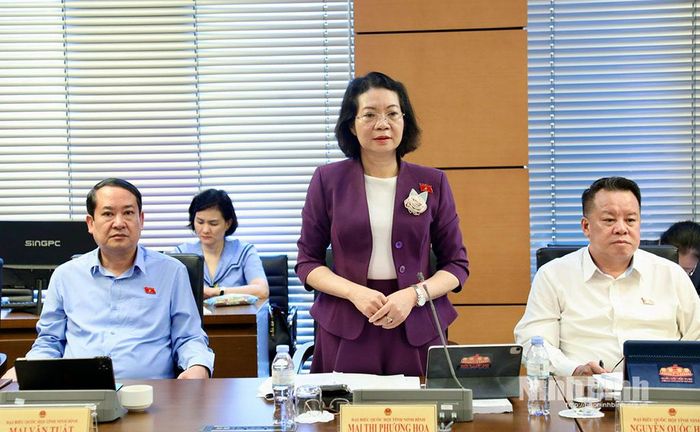 Đại biểu Mai Thị Phương Hoa, Phó Chủ nhiệm Ủy ban Pháp luật và Tư pháp của Quốc hội (Đoàn ĐBQH tỉnh Ninh Bình) phát biểu tham luận tại Tổ.