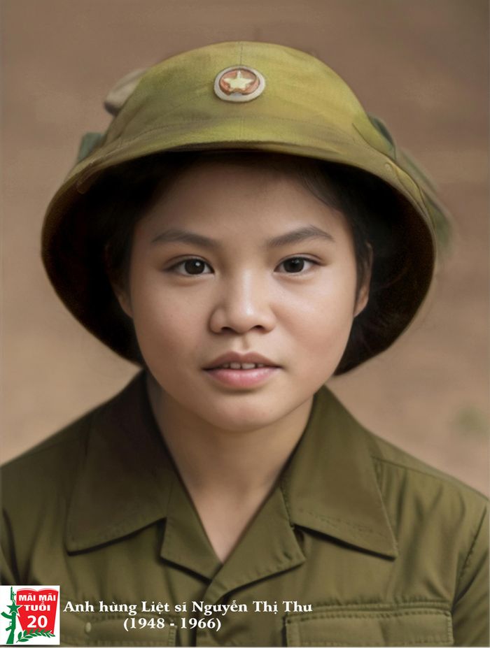Anh hùng Liệt sĩ Nguyễn Thị Thu (1948-1966) hy sinh cùng ngày với em gái Nguyễn Thị Thi, nay được phục dựng chân dung bằng ảnh màu.