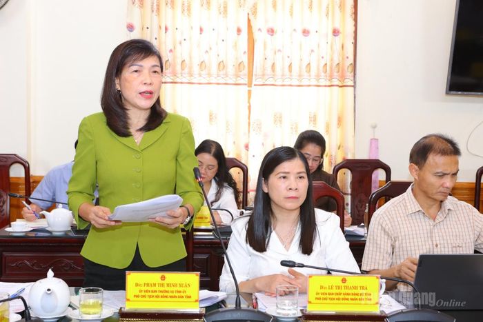 Đồng chí Phạm Thị Minh Xuân, Ủy viên Ban Thường vụ Tỉnh ủy, Phó Chủ tịch HĐND tỉnh phát biểu ý kiến.