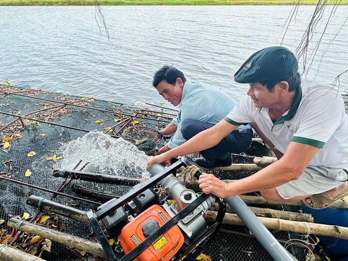 Người nuôi sử dụng máy tạo ôxy để cứu số cá còn lại.  