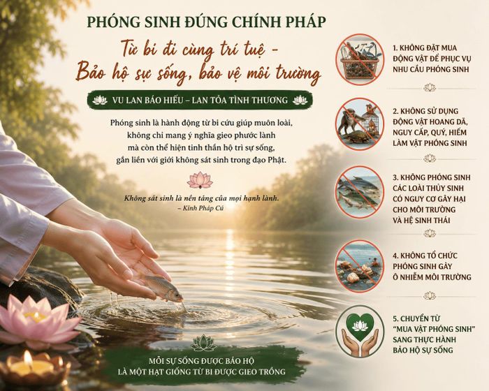 Phóng sinh thể hiện tinh thần từ bi, tôn trọng và bảo hộ sự sống, gắn liền với giới không sát sinh. Minh họa: ChatGPT