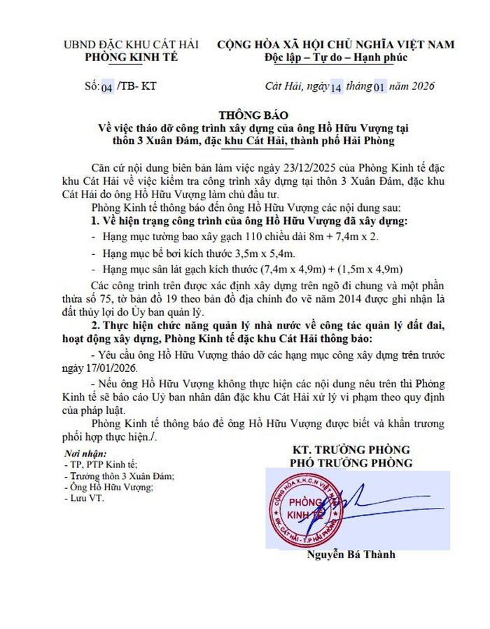 Thông báo số 04/TB-KT của Phòng Kinh tế Đặc khu Cát Hải