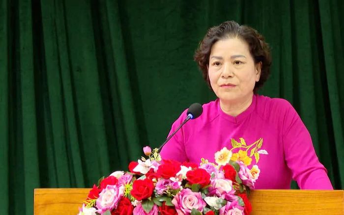 Bà Vũ Thị Bích Việt - Chủ tịch Hội Khuyến học Tuyên Quang phát biểu tại hội nghị. 