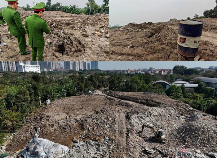 Lực lượng chức năng phát hiện dấu hiệu đổ, lấp trái phép chất thải rắn thông thường (trạc thải xây dựng) tại khu đất nông nghiệp nằm cạnh nhà vườn Bảo Vy Garden, đường Lý Thánh Tông, xã Bát Tràng. Ảnh CAHN