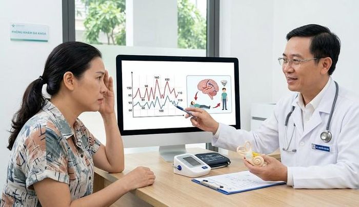 Chóng mặt khi đứng lên, huyết áp dao động lớn hoặc ngất là những dấu hiệu cần trao đổi sớm với bác sĩ. Ảnh minh hoạ AI