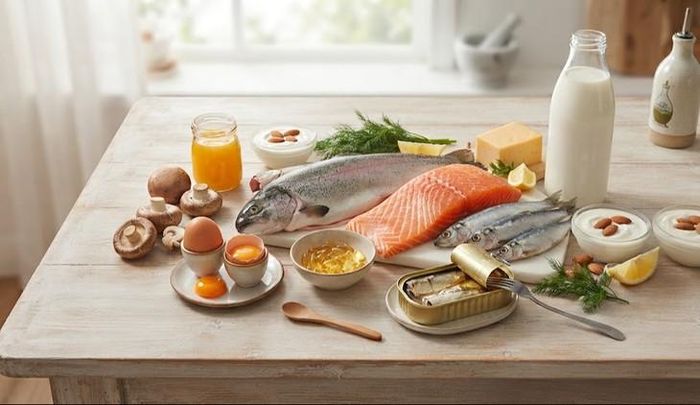 Thực phẩm giàu vitamin D. Ảnh minh họa AI.