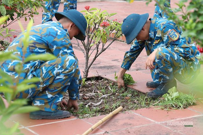 Bộ đội nhổ cỏ, làm sạch từng bồn cây trong khuôn viên nghĩa trang. Ảnh: Tuấn Đạt