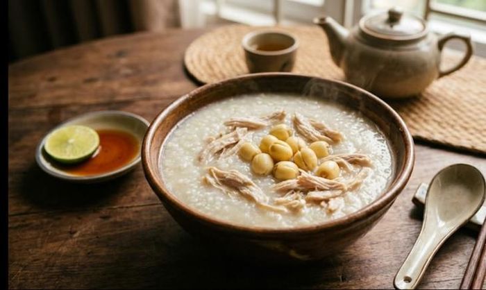Cháo gà hạt sen phù hợp với người mệt mỏi, suy nhược sau những ngày làm việc căng thẳng hoặc sau đợt ốm. Ảnh: AI.