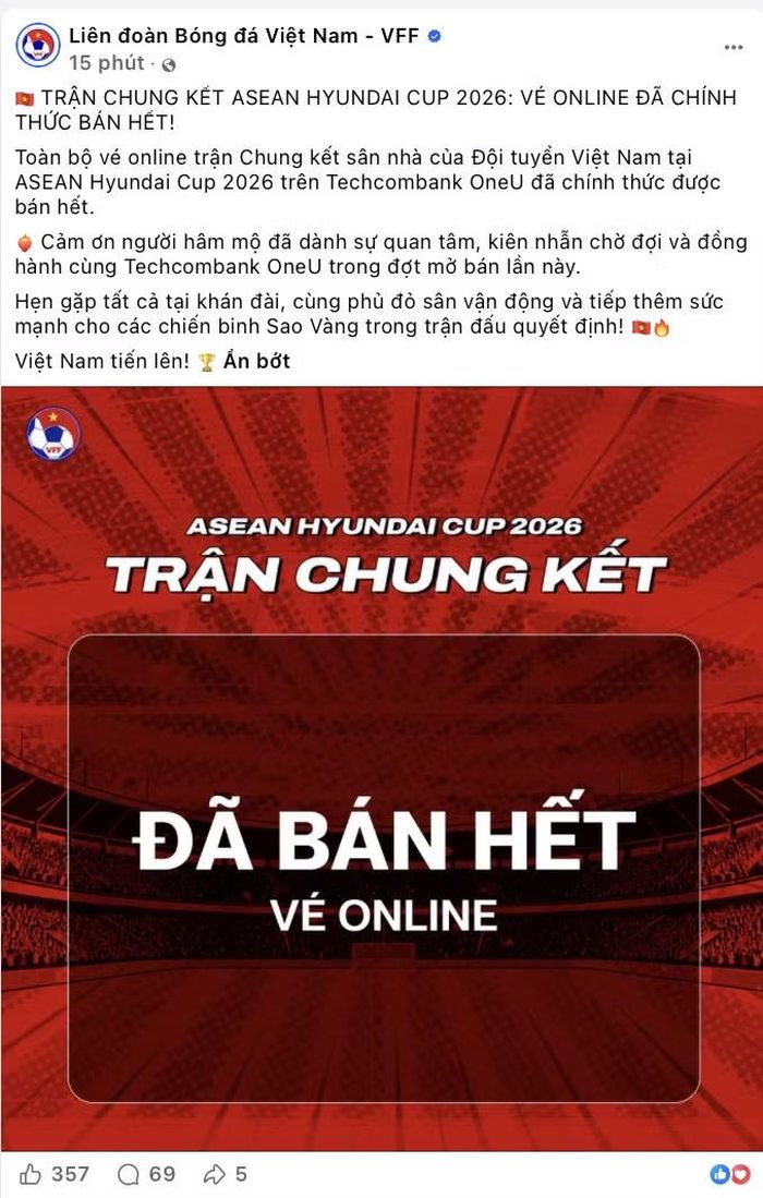 Ngược lại với Thái Lan, vé online cho trận đấu giữa ĐT Việt Nam và ĐT Thái Lan tại Chung kết lượt về ASEAN Cup 2026 đã được bán hết.