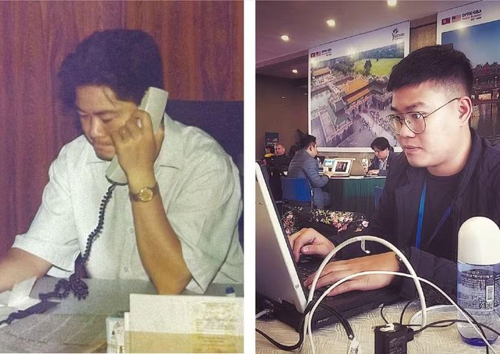 Cố nhà báo Lê Quang Cường làm việc tại Tòa soạn Báo An ninh Thủ đô và tác giả Đức Anh tại Hội nghị Thượng đỉnh Mỹ - Triều diễn ra tại Hà Nội