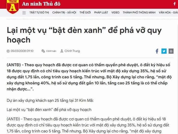Tiêu đề mạnh mẽ “Lại một vụ “bật đèn xanh” để phá vỡ quy hoạch”