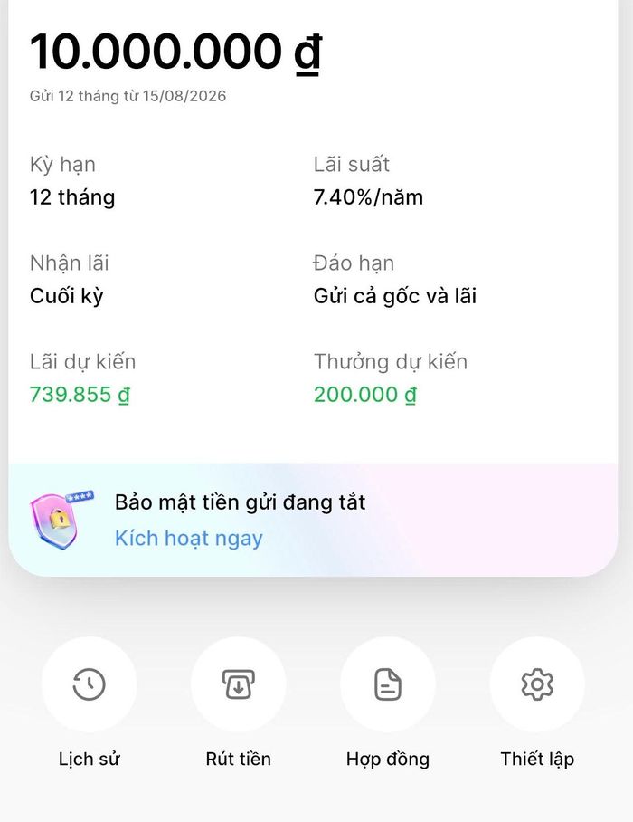  Khoản tiền gửi tiết kiệm 10 triệu đồng của chị Hương được hưởng gần 740.000 đồng lãi suất tiết kiệm online kỳ hạn 12 tháng và 200.000 đồng từ lãi suất cộng thêm 2%. Ảnh: NVCC.