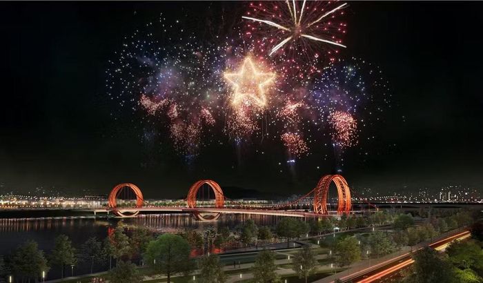 Với thiết kế 3 vòng tròn nối tiếp nhau tạo hình tượng “đàn xe nước’’, cầu Trà Khúc 1 hứa hẹn trở thành điểm nhấn kiến trúc không gian đô thị trung tâm tỉnh lỵ Quảng Ngãi trong tương lai. (Ảnh: Ban Quản lý dự án đầu tư xây dựng các công trình giao thông tỉnh Quảng Ngãi)