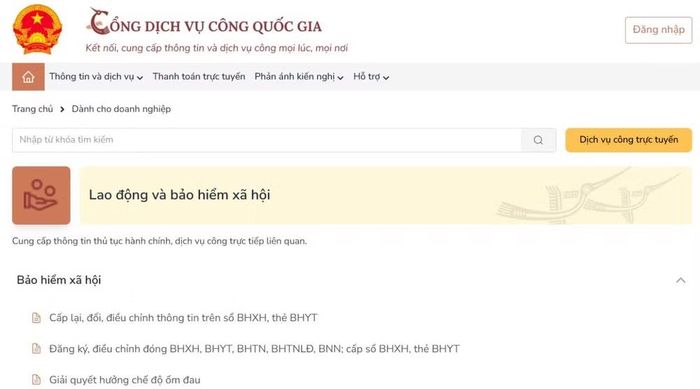 Một số thủ tục hành chính về lao động và bảo hiểm xã hội trên Cổng Dịch vụ công quốc gia.
