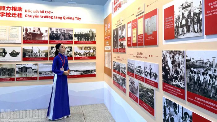 Chị Đỗ Ngọc Linh, Bí thư Đoàn Thanh niên phường Phú Thượng, thành phố Hà Nội, chăm chú tìm hiểu về lịch sử của Trường Dục Tài Nam Ninh. (Ảnh: HỮU HƯNG)