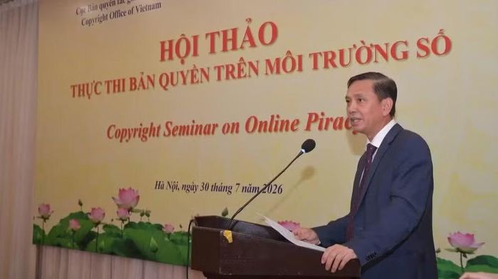 Ông Trần Hoàng, Cục trưởng Cục Bản quyền tác giả, phát biểu tại Hội thảo về thực thi bản quyền trên môi trường số. (Ảnh: GIA KHÁNH)
