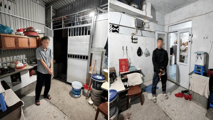 Đối tượng Đặng Đức Bộ (bên trái) và Nguyễn Văn Thắng (bên phải) thực nghiệm tại hiện trường.