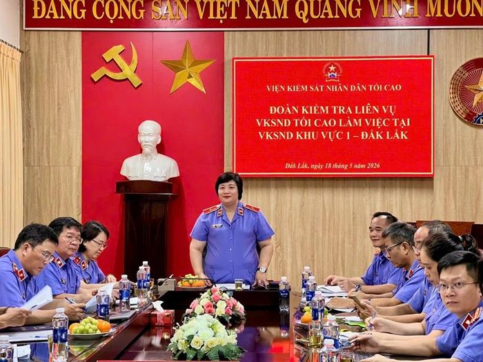  Đồng chí Mai Thị Nam - Vụ trưởng Vụ 12 phát biểu chỉ đạo tại cuộc kiểm tra tại VKSND khu vực 1 Đắk Lắk.