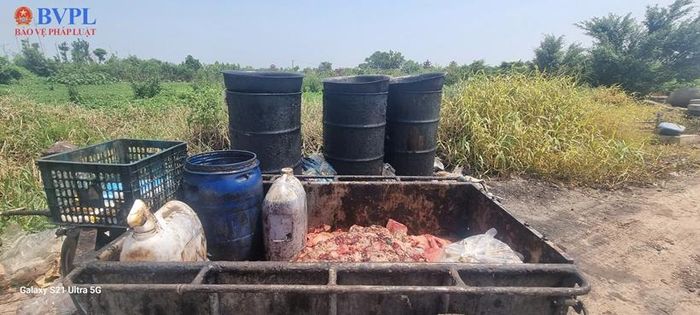  Mỡ động vật phơi ngay trên đường nội đồng cạnh trại gà bốc mùi ôi thiu, ruồi nhặng bu đầy.