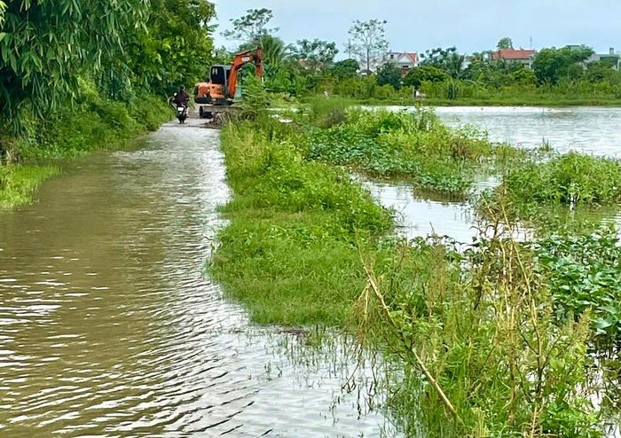 Xã Quỳnh Lưu đã triển khai 2 máy xúc để nạo vét tiêu úng địa bàn xóm 1. Ảnh: Văn Trường