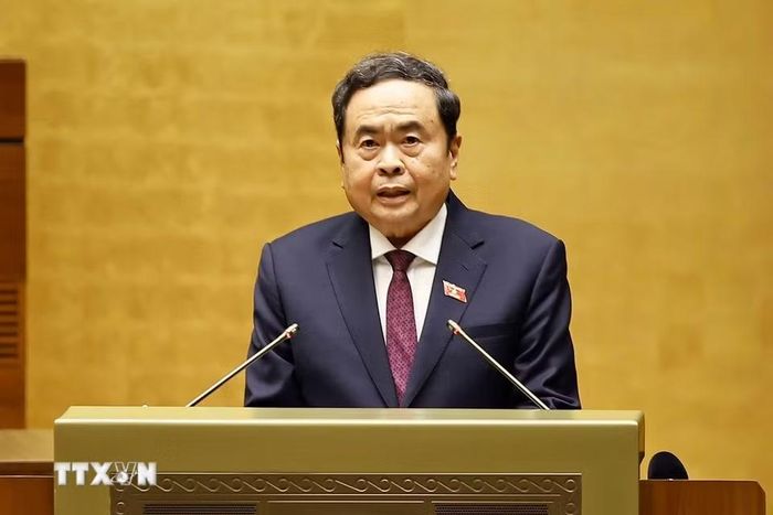 Ủy viên Bộ Chính trị, Chủ tịch Quốc hội Trần Thanh Mẫn phát biểu tại Lễ công bố thành lập Tổ chức Nghị sỹ hữu nghị Việt Nam của Quốc hội khóa XVI. (Ảnh: Doãn Tấn/TTXVN)