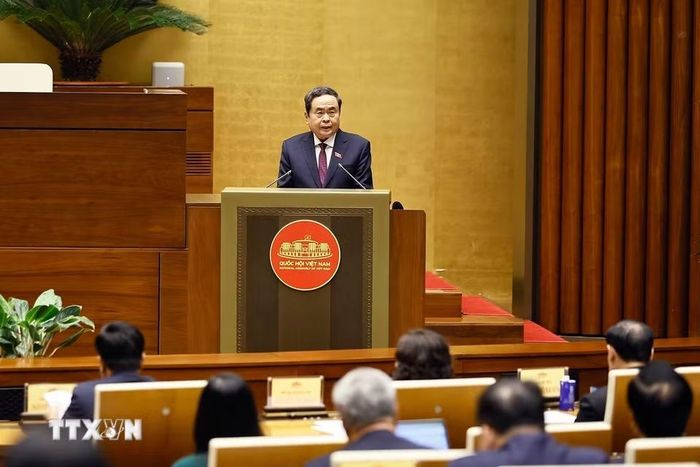Ủy viên Bộ Chính trị, Chủ tịch Quốc hội Trần Thanh Mẫn phát biểu tại Lễ công bố thành lập Tổ chức Nghị sỹ hữu nghị Việt Nam của Quốc hội khóa XVI. (Ảnh: Doãn Tấn/TTXVN)