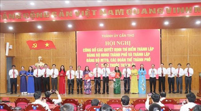 Lãnh đạo Thành ủy Cần Thơ trao quyết định và hoa cho lãnh đạo hai Đảng bộ trực thuộc Thành ủy Cần Thơ.