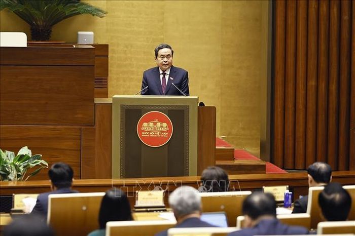 Ủy viên Bộ Chính trị, Chủ tịch Quốc hội Trần Thanh Mẫn phát biểu tại Lễ công bố thành lập Tổ chức Nghị sĩ hữu nghị Việt Nam của Quốc hội khóa XVI. Ảnh: Doãn Tấn/TTXVN