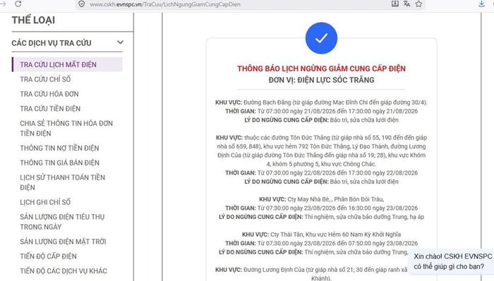 Lịch ngừng cấp điện tại Cần Thơ ngày mai 22/8 được cập nhật trên website của EVNSPC lúc 08h05 ngày 21/8. Ảnh: BNEWS phát