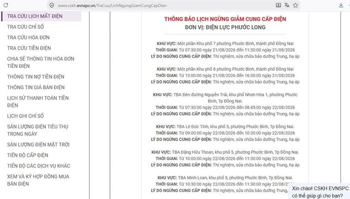 Lịch ngừng cấp điện tại Đồng Nai ngày mai 22/8 được cập nhật trên website của EVNSPC lúc 08h ngày 21/8. Ảnh: BNEWS phát
