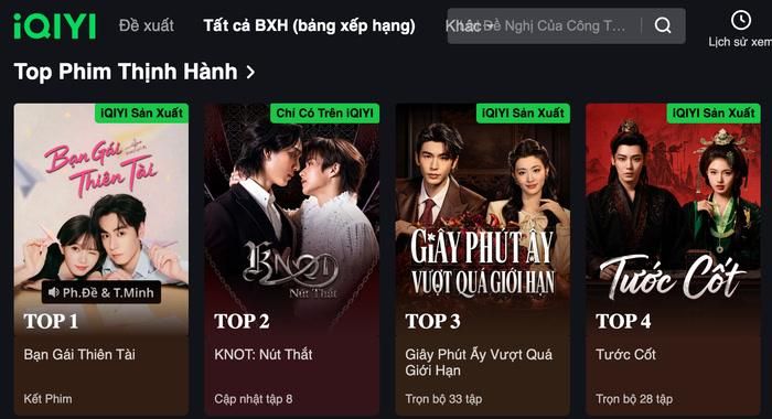 Bảng xếp hạng phim thịnh hành hiện tại trên iQIYI. (Ảnh: Chụp màn hình)