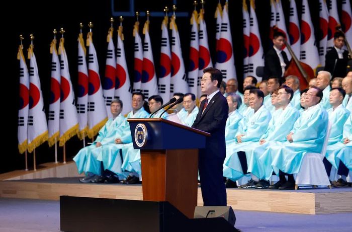 Tổng thống Hàn Quốc Lee Jae Myung phát biểu tại lễ kỷ niệm Ngày Giải phóng 15/8. Ảnh: The Korea Times.