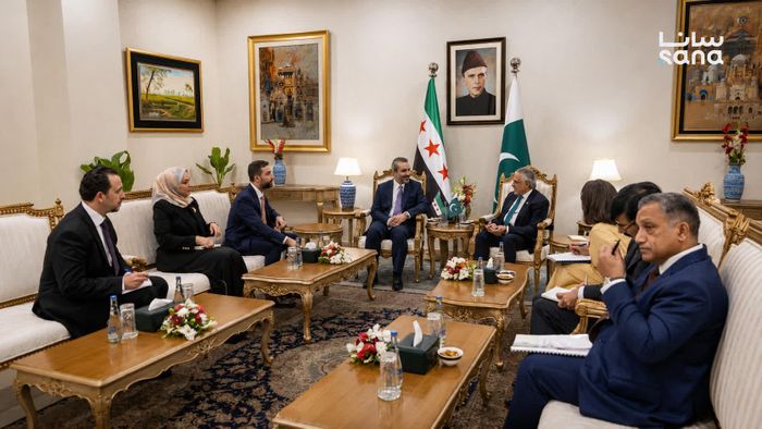 Ngoại trưởng Pakistan Ishaq Dar hội đàm với người đồng cấp Syria Asaad Hassan. Ảnh: SANA.