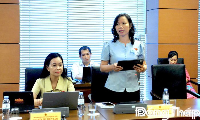Đại biểu Hoàng Thị Thơ, Đoàn Đại biểu Quốc hội tỉnh Đồng Tháp, phát biểu thảo luận tại tổ.