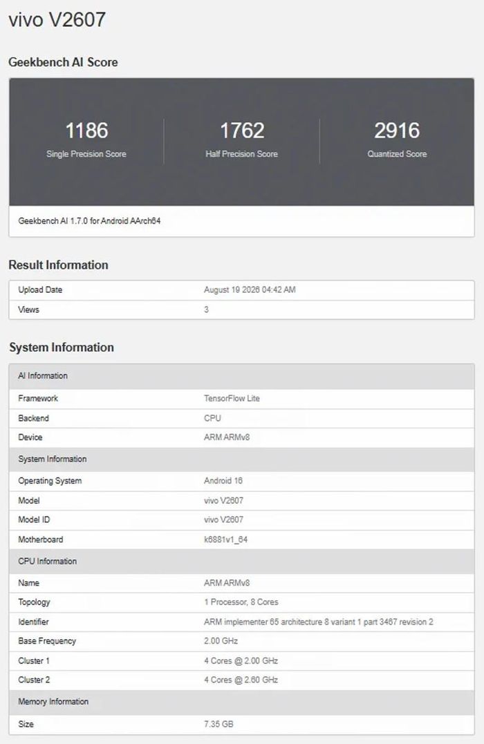 Thông số hiệu năng của vivo V2607 rò rỉ trên Geekbench AI với chip Dimensity 7500