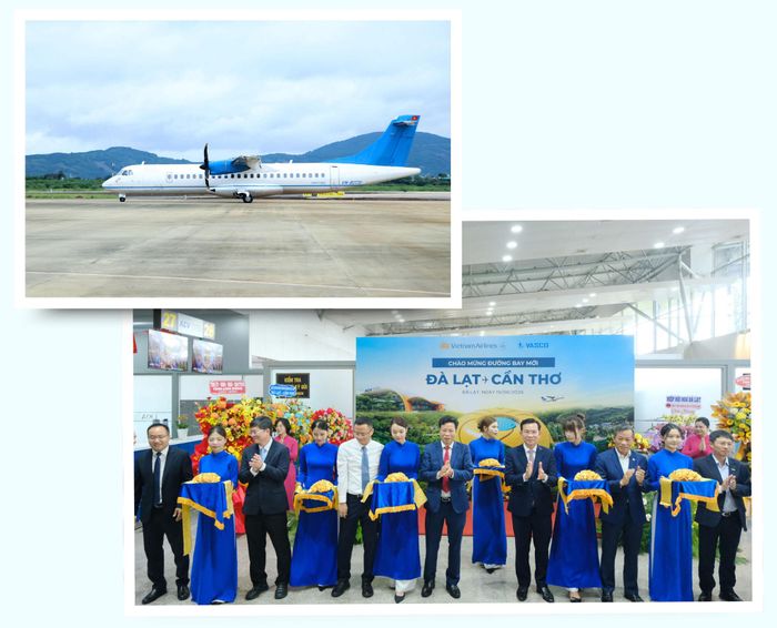 Lãnh đạo tỉnh Lâm Đồng và các đơn vị cắt băng khai trương đường bay Đà Lạt - Cần Thơ