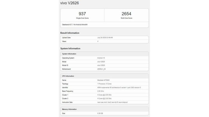Hiệu năng của vivo V80 Lite trên Geekbench