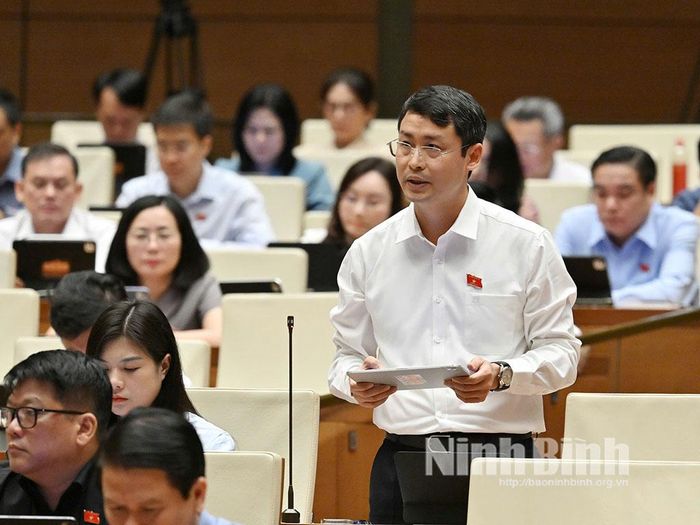 Đại biểu Trần Thế Anh, Bí thư Đảng ủy, Chủ tịch HĐND xã Hải Hậu, tỉnh Ninh Bình phát biểu thảo luận tại Hội trường.