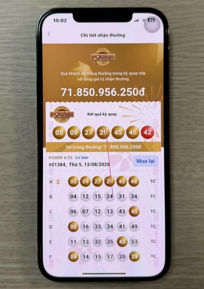Tấm vé may mắn đem lại giải Jackpot trị giá hơn 71,8 tỷ đồng cho ông H