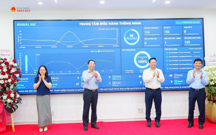 Thứ trưởng Bộ Tư pháp Nguyễn Thanh Ngọc và các đại biểu thực hiện nghi thức khai trương Trung tâm điều hành thông minh ROSIAI IOC