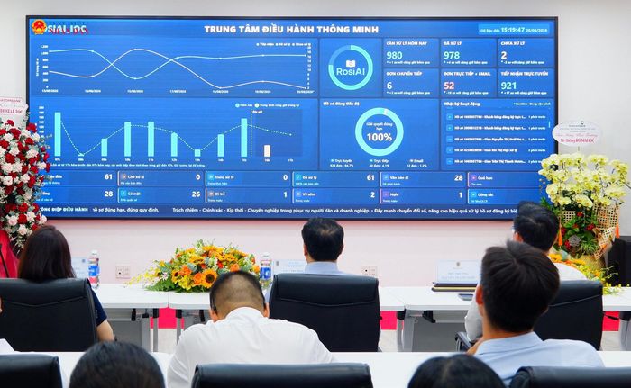 Các đại biểu nghe thuyết minh về Trung tâm điều hành thông minh ROSIAI IOC