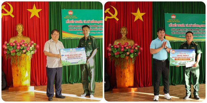 Ủy ban Mặt trận Tổ quốc Việt Nam phường Tân Sơn Nhất tặng quà và tặng 10 bộ đèn năng lượng cho Đồn Biên phòng cửa khẩu Vĩnh Hội Đông. Ảnh: Tuấn Kiệt