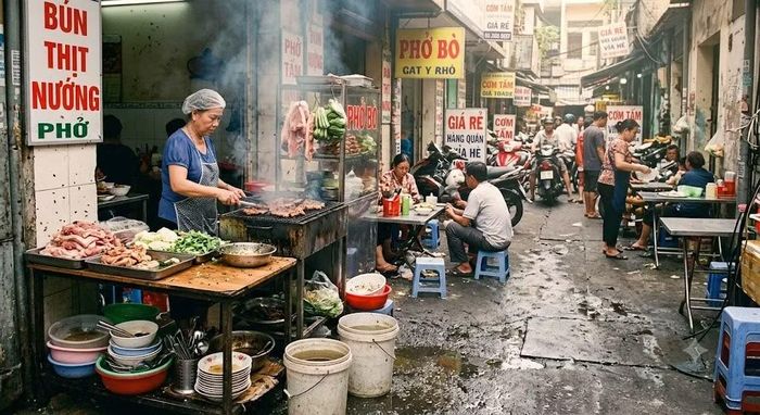 Tình trạng bán hàng vỉa hè tiềm ẩn nhiều nguy cơ mất an toàn thực phẩm (hình AI minh họa).