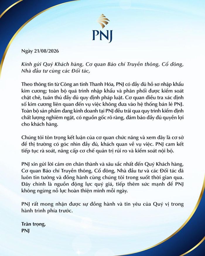 Thông báo chính thức từ PNJ gửi tới khách hàng, đối tác. Ảnh: PNJ