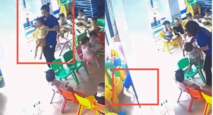 Cô giáo mầm non bị cho là nhấc trẻ vào góc khuất của camera rồi đánh. (Ảnh cắt từ clip)